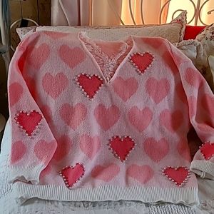 Women's Plus Size Heart Print Sweater with Faux Pearl and Lace Detailing